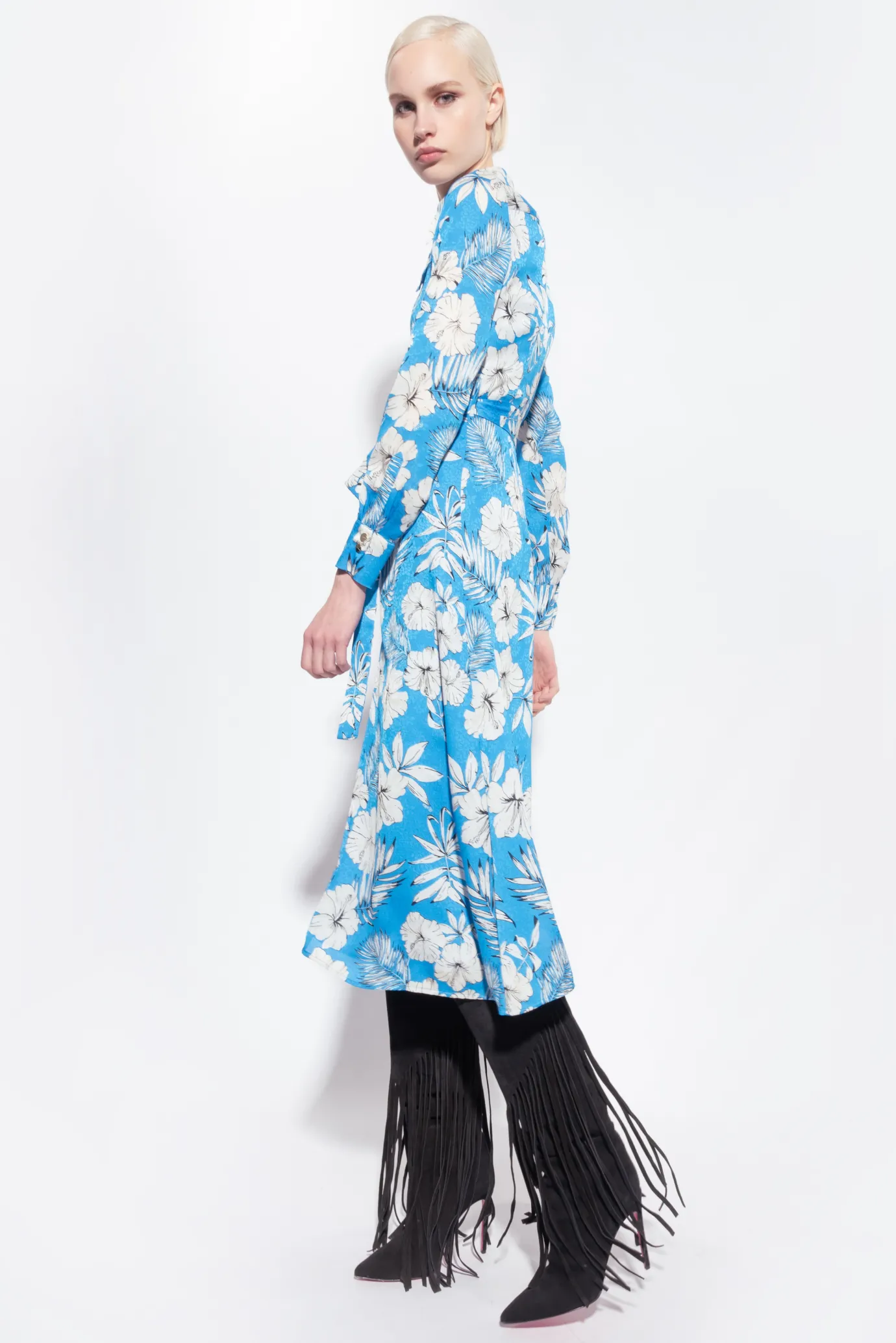 Robes|PINKO Robe Chemise Fleur Graphique Turquoise/Beurre/Noir