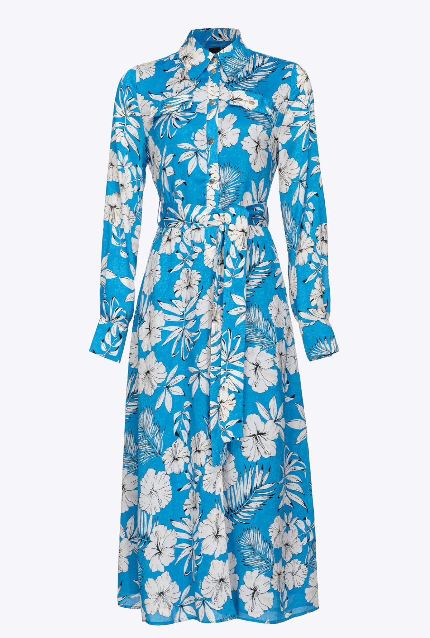 Robes|PINKO Robe Chemise Fleur Graphique Turquoise/Beurre/Noir