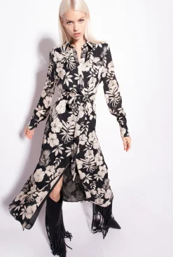 Robes|PINKO Robe Chemise Fleur Graphique Noir/Beurre