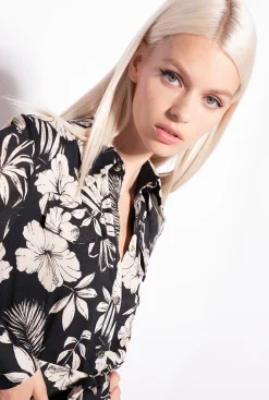Robes|PINKO Robe Chemise Fleur Graphique Noir/Beurre