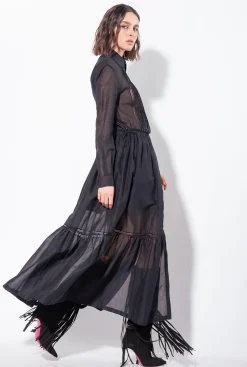 Robes|PINKO Robe Chemise Longue En Mousseline Noir Limousine