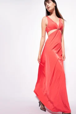 Robes|PINKO Robe Longue A Detail Metallique Rouge Coquelicot
