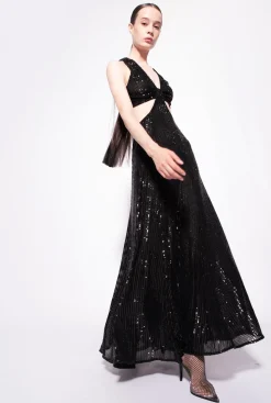Robes|PINKO Robe Longue A Rayures Entierement Pailletee Noir Limousine