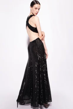 Robes|PINKO Robe Longue A Rayures Entierement Pailletee Noir Limousine