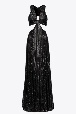 Robes|PINKO Robe Longue A Rayures Entierement Pailletee Noir Limousine