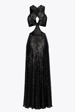 Robes|PINKO Robe Longue A Rayures Entierement Pailletee Noir Limousine