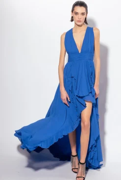 Robes|PINKO Robe Longue A Volants Bleu Surf Sur Le Web