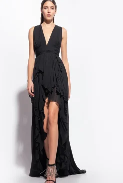 Robes|PINKO Robe Longue A Volants Noir Limousine