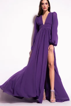 Robes|PINKO Robe Longue Elegante En Mousseline Violet Pensee