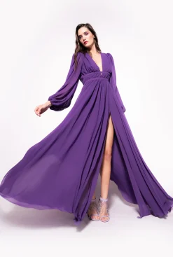 Robes|PINKO Robe Longue Elegante En Mousseline Violet Pensee