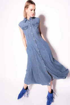 Robes|PINKO Robe Longue En Denim Fluide Delavage Moyen Fonce