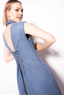 Robes|PINKO Robe Longue En Denim Fluide Delavage Moyen Fonce