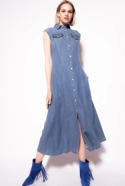 Robes|PINKO Robe Longue En Denim Fluide Delavage Moyen Fonce