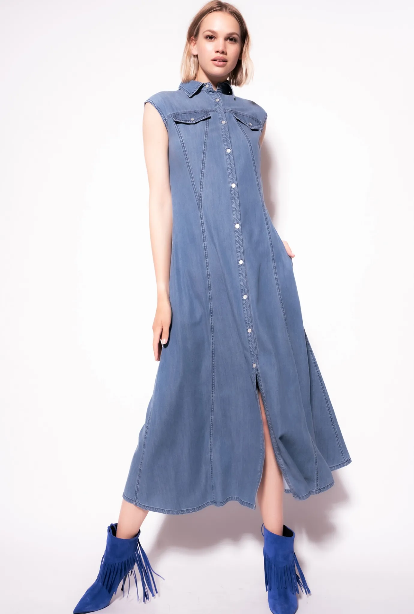 Robes|PINKO Robe Longue En Denim Fluide Delavage Moyen Fonce