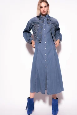Robes|PINKO Robe Longue En Denim Fluide Delavage Moyen Fonce