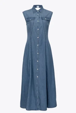 Robes|PINKO Robe Longue En Denim Fluide Delavage Moyen Fonce