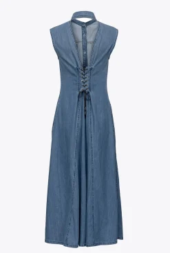 Robes|PINKO Robe Longue En Denim Fluide Delavage Moyen Fonce