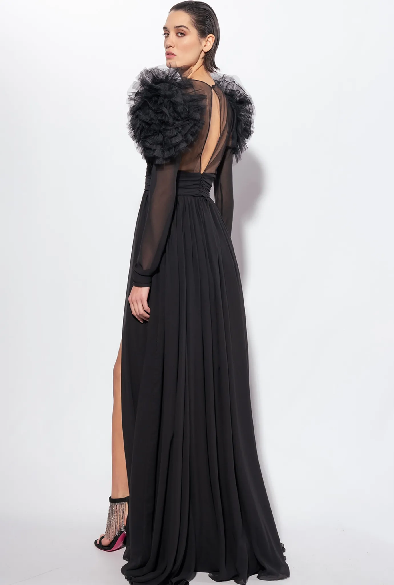 Robes|PINKO Robe Longue En Mousseline Et Tulle Noir Limousine