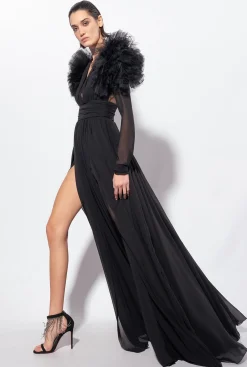 Robes|PINKO Robe Longue En Mousseline Et Tulle Noir Limousine
