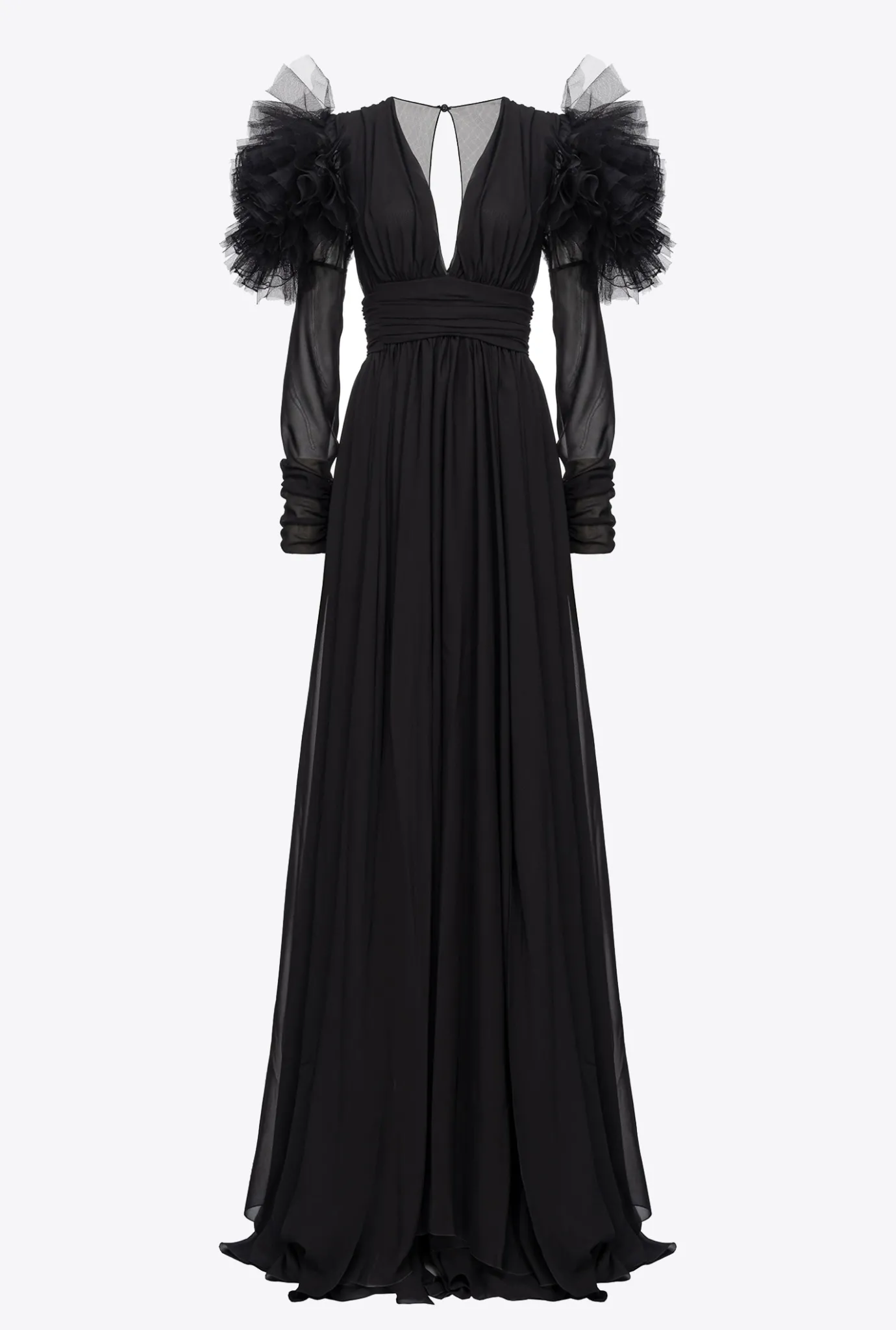 Robes|PINKO Robe Longue En Mousseline Et Tulle Noir Limousine