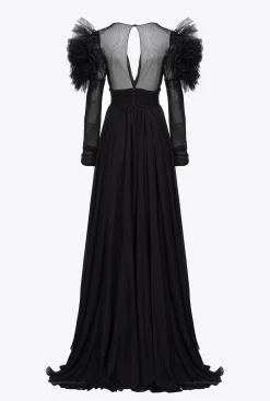 Robes|PINKO Robe Longue En Mousseline Et Tulle Noir Limousine