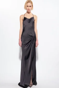 Robes|PINKO Robe Longue En Satin A Anneau Noir Limousine