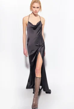 Robes|PINKO Robe Longue En Satin A Anneau Noir Limousine