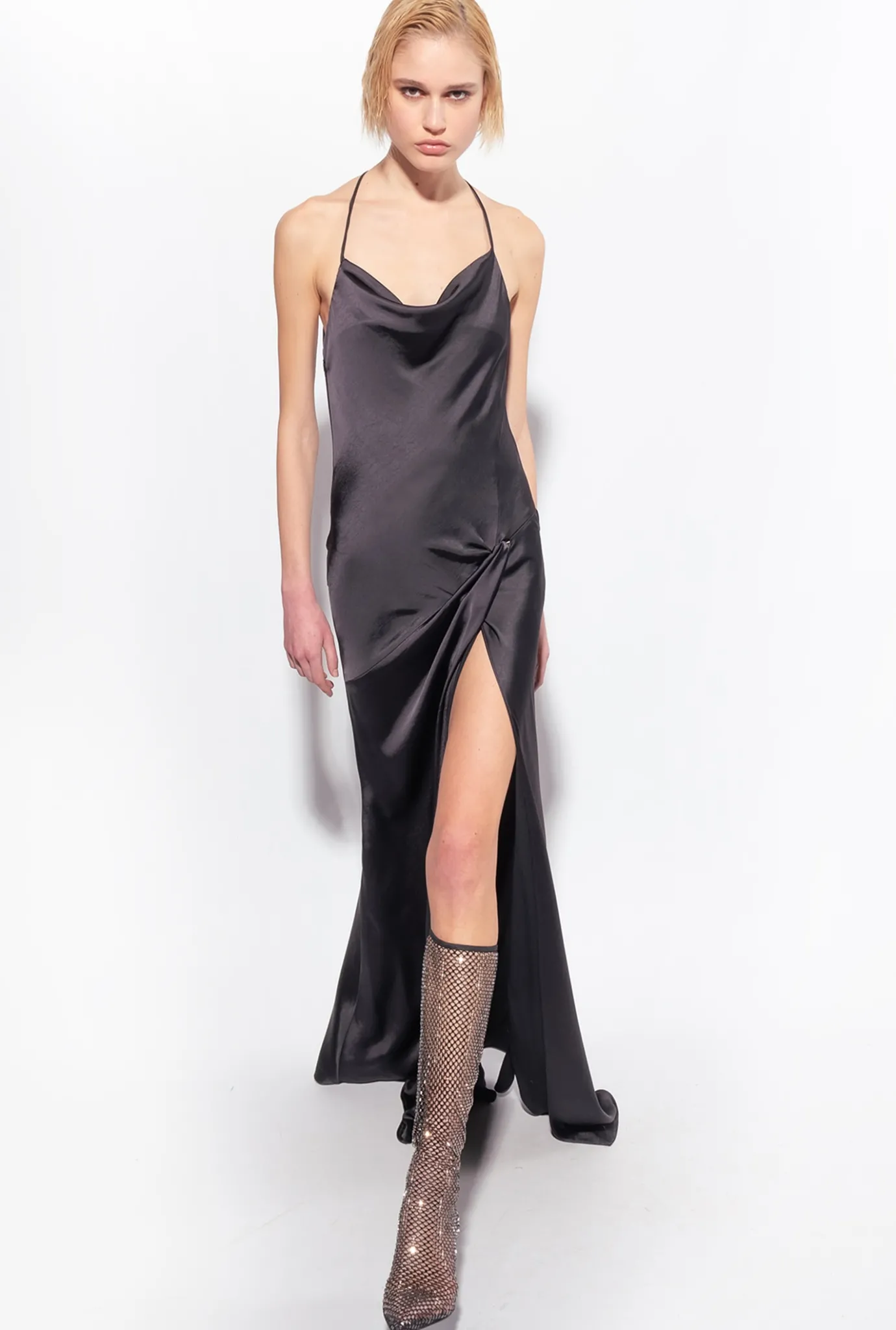 Robes|PINKO Robe Longue En Satin A Anneau Noir Limousine