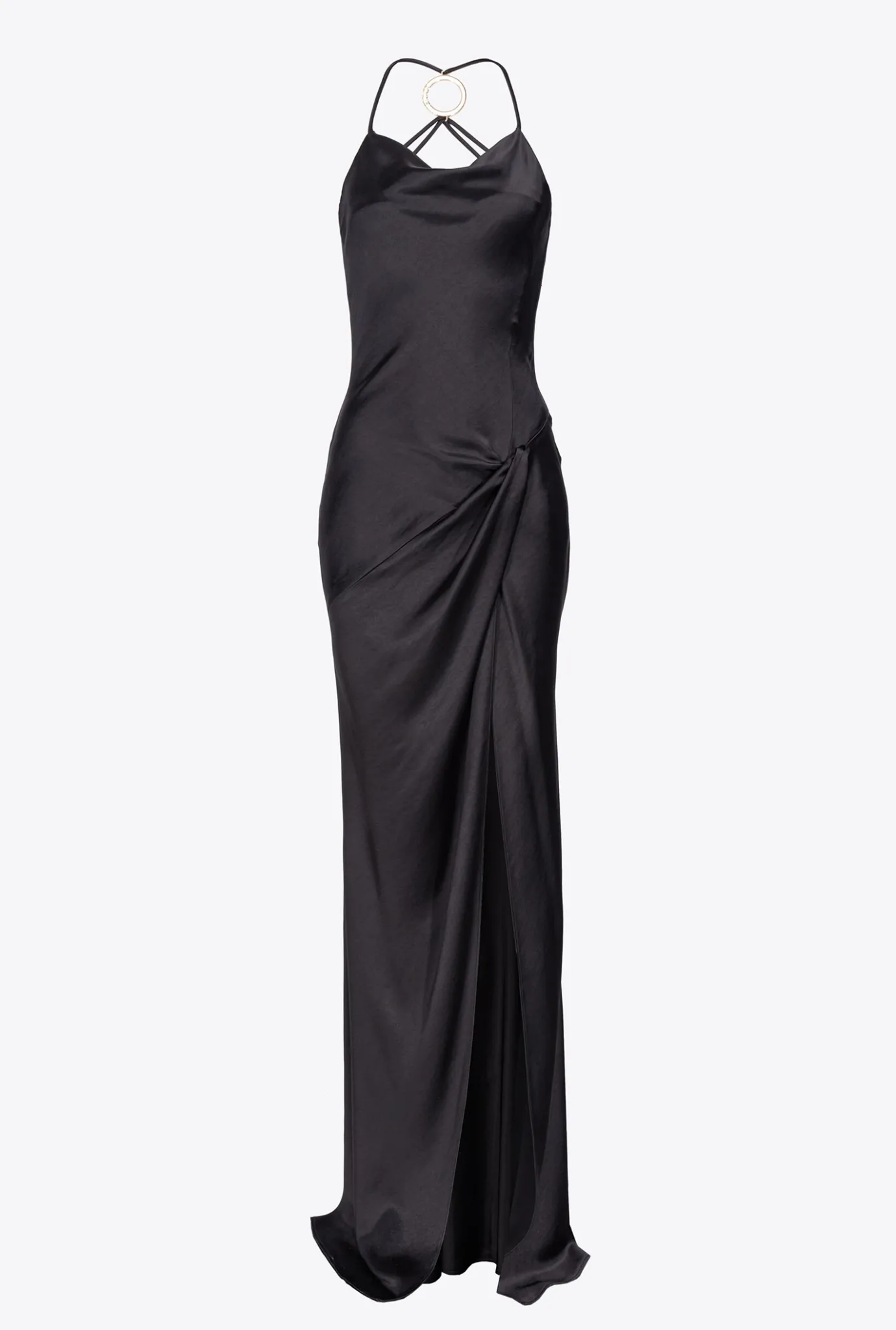 Robes|PINKO Robe Longue En Satin A Anneau Noir Limousine