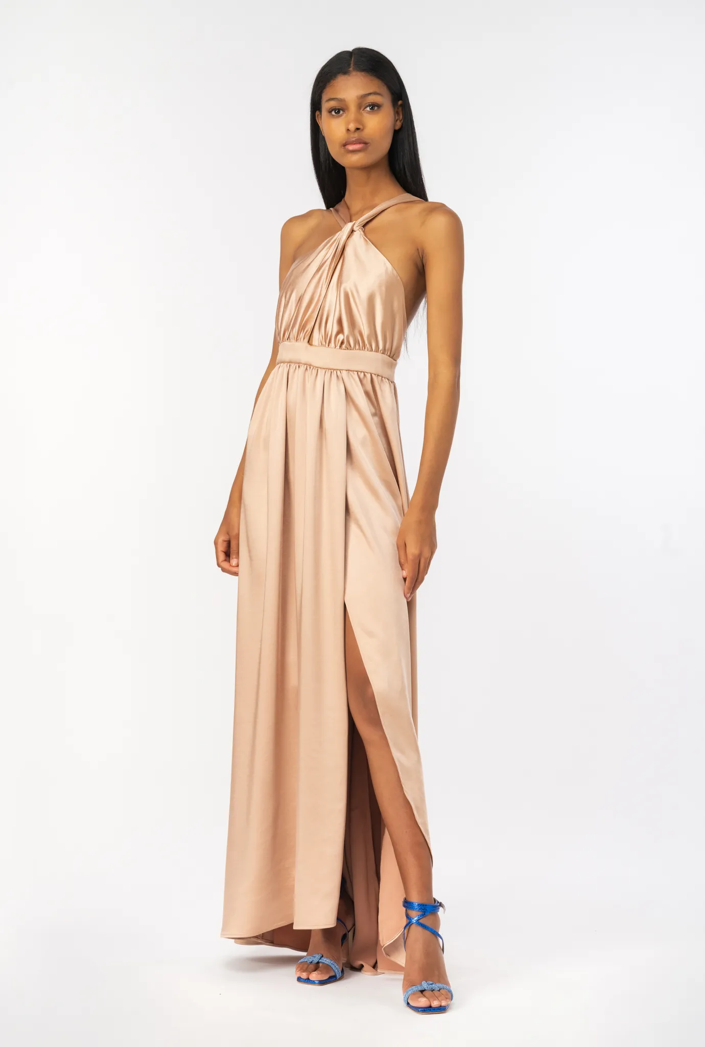 Robes|PINKO Robe Longue Fendue En Satin Rose Camee