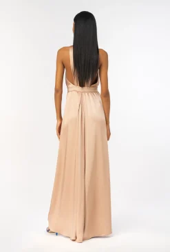 Robes|PINKO Robe Longue Fendue En Satin Rose Camee