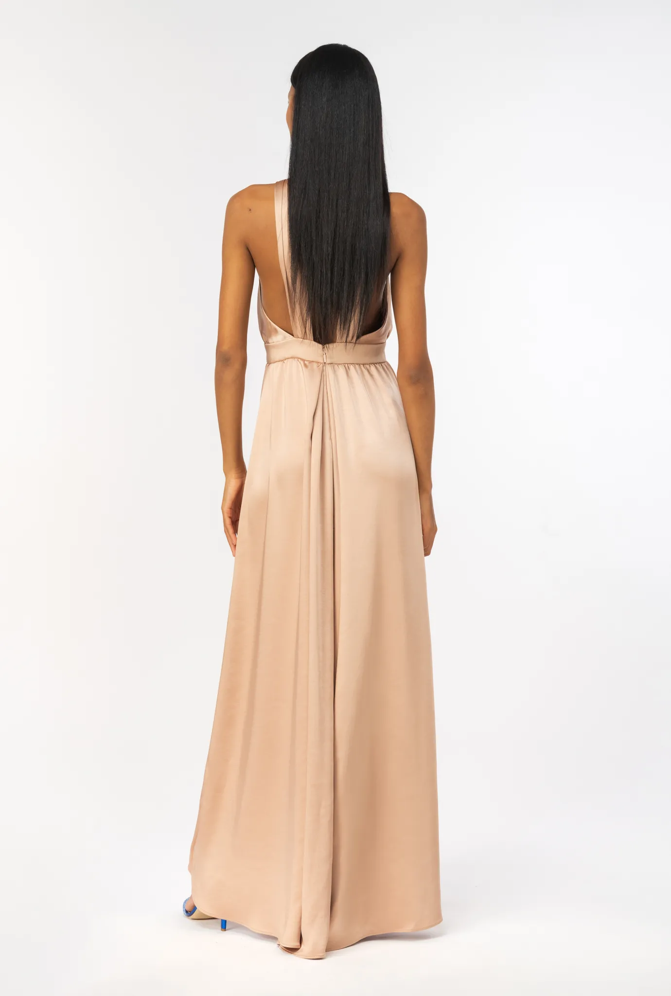 Robes|PINKO Robe Longue Fendue En Satin Rose Camee