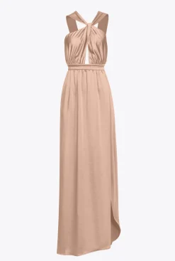 Robes|PINKO Robe Longue Fendue En Satin Rose Camee