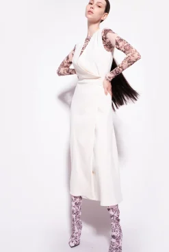 Robes|PINKO Robe Midi En Crepe Stretch Rose Fume Blanc