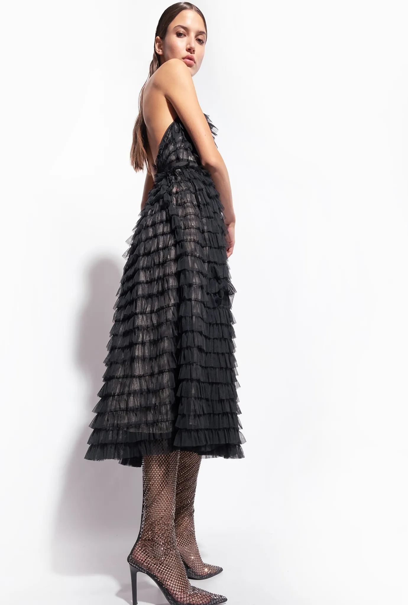 Robes|PINKO Robe Midi En Tulle A Volants Noir/Chair