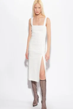 Tailleurs Et Ensembles|PINKO Robe Mi-Longue En Lin Stretch Blanc Nimbus
