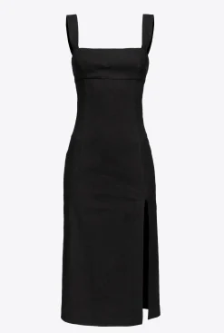 Robes|PINKO Robe Mi-Longue En Lin Stretch Noir Limousine