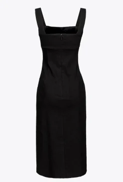 Robes|PINKO Robe Mi-Longue En Lin Stretch Noir Limousine