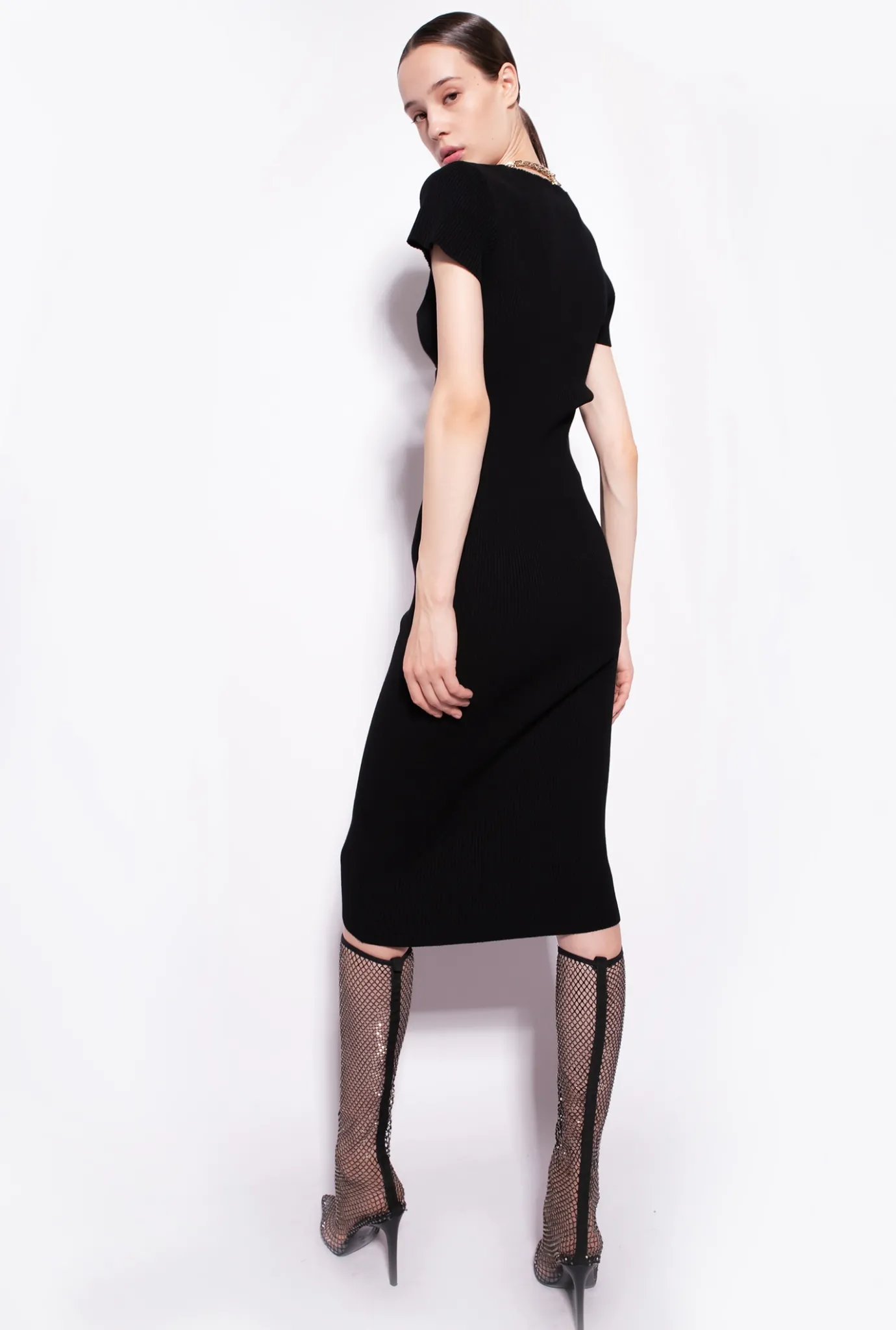 Robes|PINKO Robe Mi-Longue En Maille Avec Chaine Noir Limousine