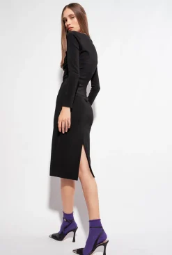 Robes|PINKO Robe Mi-Longue En Neoprene Fluide Noir Limousine