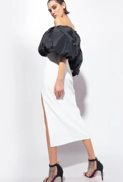 Robes|PINKO Robe Mi-Longue En Taffetas Blanc/Noir