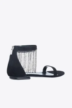 Chaussures|PINKO Sandales Plates A Franges En Strass Noir Limousine