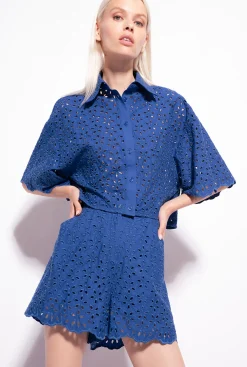 Tailleurs Et Ensembles|PINKO Short En Broderie Anglaise Bleu Surf Sur Le Web