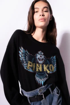Pièces En Maille|PINKO Sweat-Shirt Imprime Ailes Et Logo Gris-Noir Intense
