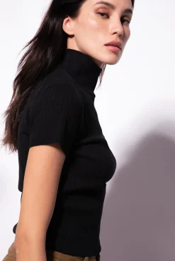 Pièces En Maille|PINKO Top A Demi-Manches En Cotes Noir Limousine