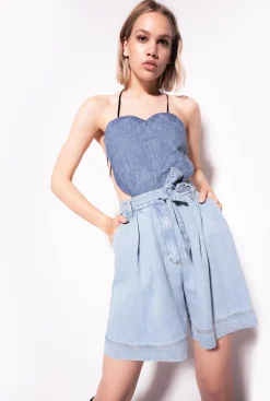 Topwear|PINKO Top A Encolure Coeur En Denim Brode Delavage Clair