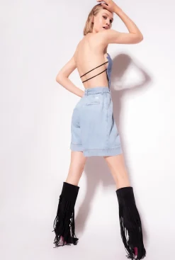 Topwear|PINKO Top A Encolure Coeur En Denim Brode Delavage Clair