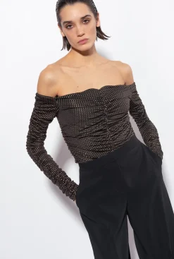 Topwear|PINKO Top A Epaules Denudees A Micro Clous Noir/Or
