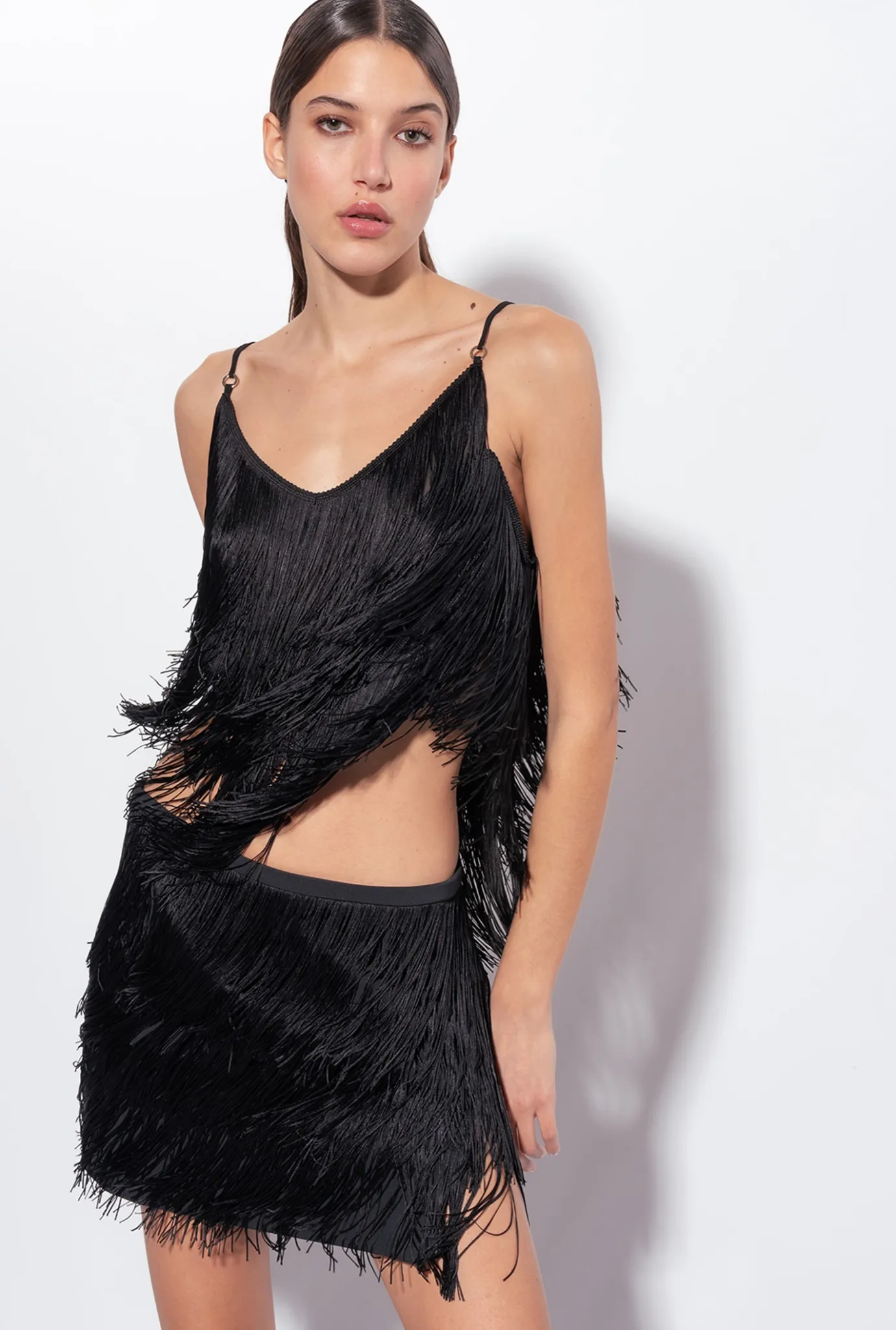 Tailleurs Et Ensembles|PINKO Top A Franges Fines Noir Limousine