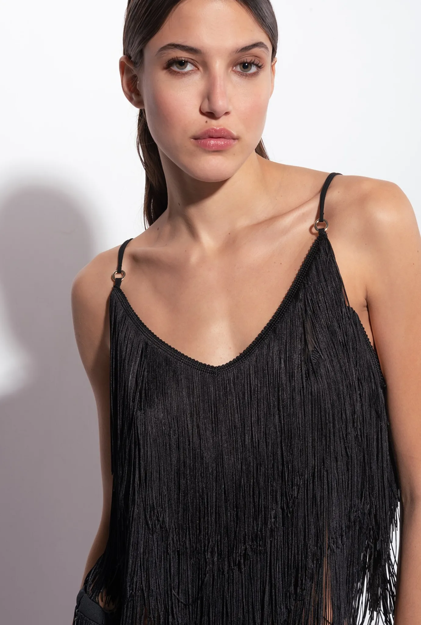 Tailleurs Et Ensembles|PINKO Top A Franges Fines Noir Limousine